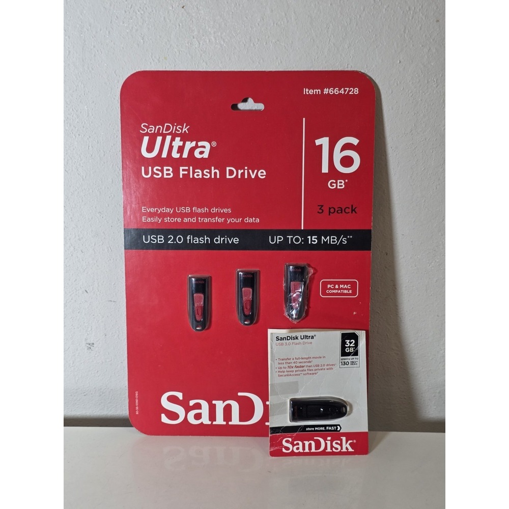3x SanDisk Ultra USB 2.0 Flash Drive 16GB + 1 x Sandisk 32GB USB 3.0 LOT OF 4